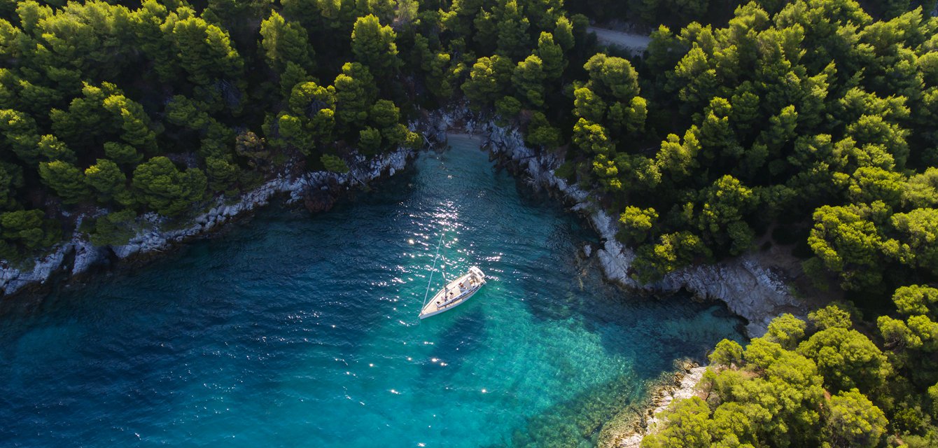 White charterboat from above in Amaranthos, Skopelos, Greece