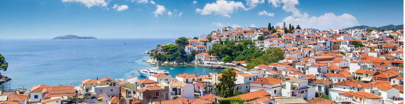 Panoramic shot of the charming Skiathos Town in Sporades, Greece