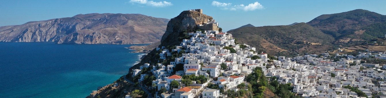 Overview of the hilly Skyros town and its picture-perfect traditional white houses